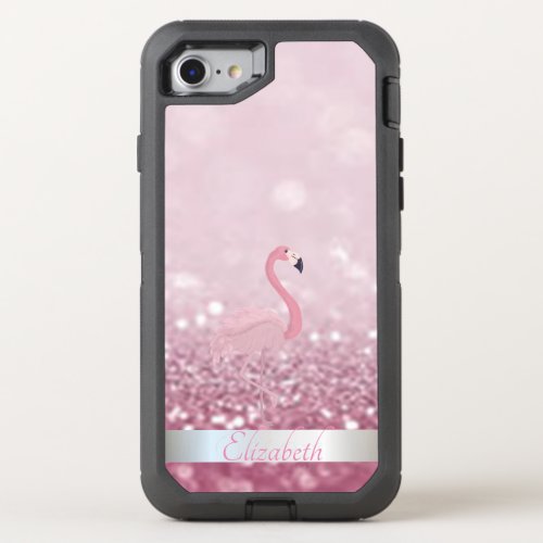 Pink Flamingo Glitter Bokeh _ Personalized OtterBox Defender iPhone SE87 Case