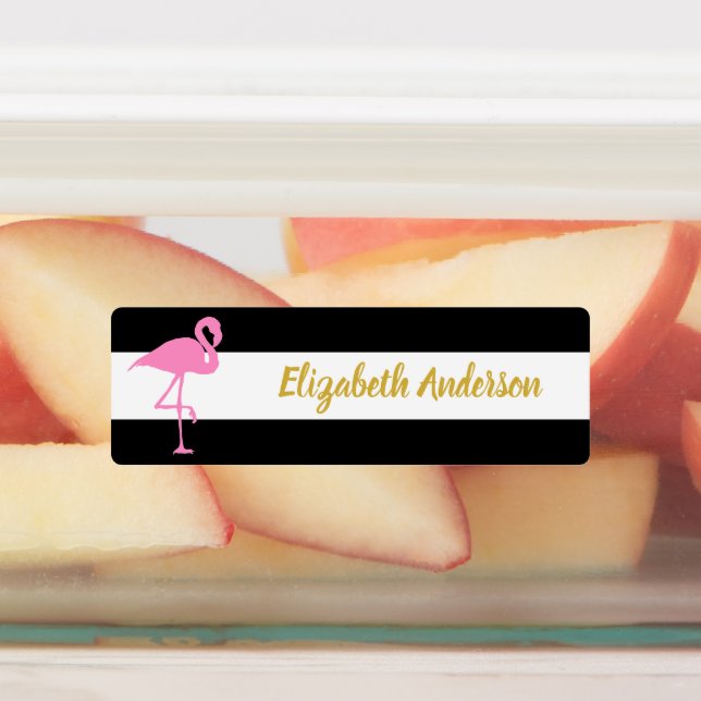 Pink Flamingo Gold Name Black and White Stripes Kids' Labels (Affixed)