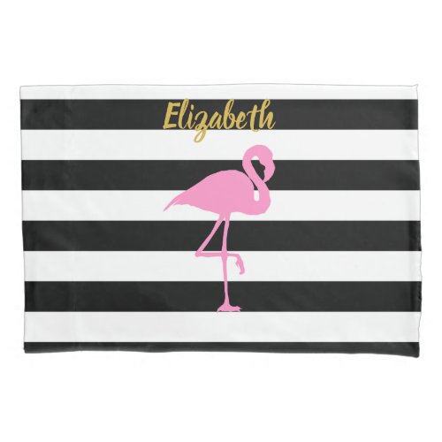 Pink Flamingo Gold Script Black White Stripes Pillow Case