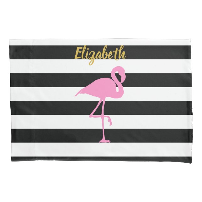 Pink Flamingo Gold Script Black White Stripes Pillow Case (Front)