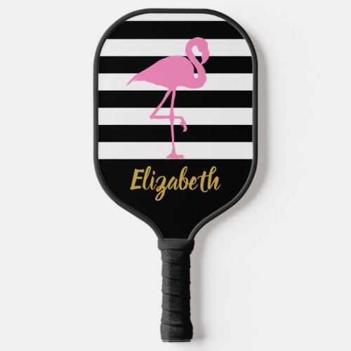 Pink Flamingo Gold Script Name Black White Stripes Pickleball Paddle