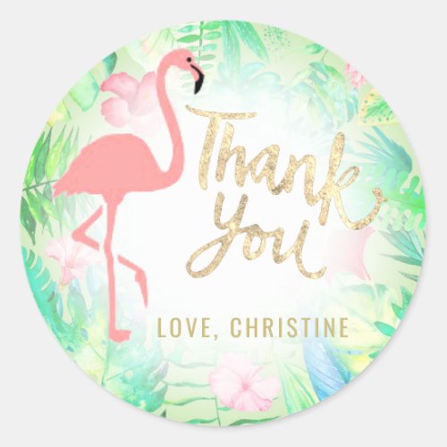pink flamingo gold thank you classic round sticker