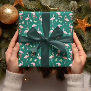 Pink Flamingo Green Christmas Holiday Pattern Wrapping Paper