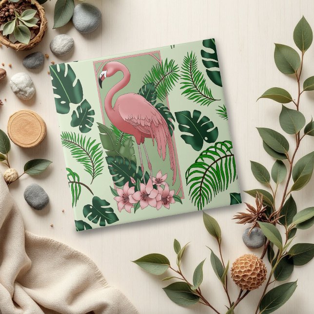 Pink Flamingo Green Leaves Lily Ceramic Tile (Creator Uploaded)