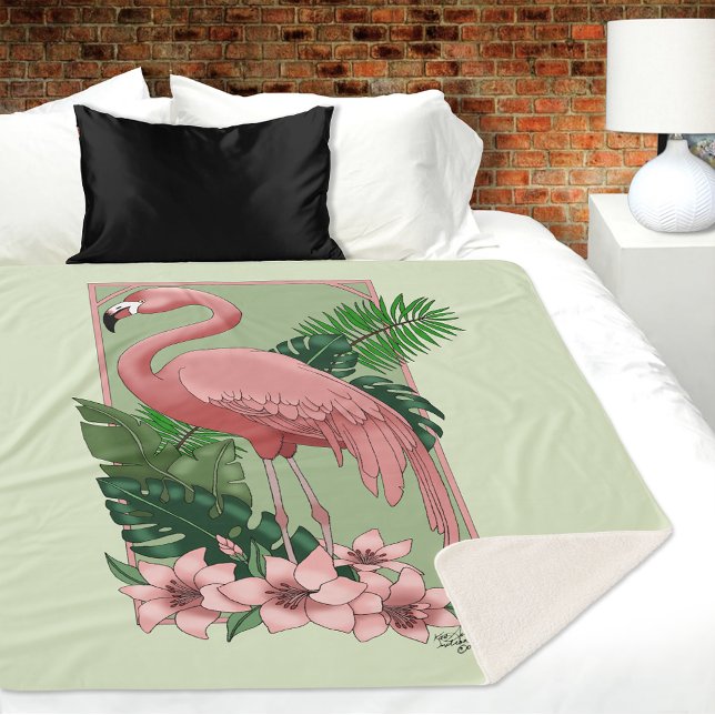 Pink Flamingo Green Leaves Lily Sherpa Blanket (Creator Uploaded)