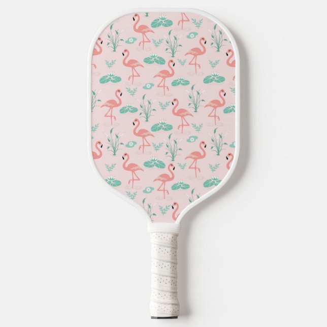 Pink Flamingo Green Leaves Tropical Trendy Fun Pickleball Paddle (Front)