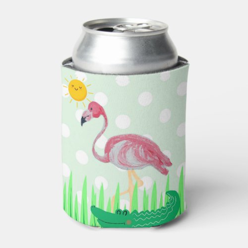 Pink Flamingo Green Polka Dots Can Bottle Cooler