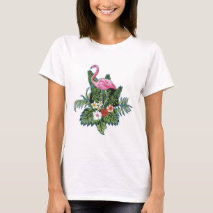 Pink flamingo, hand painted, green leaves, T-Shirt