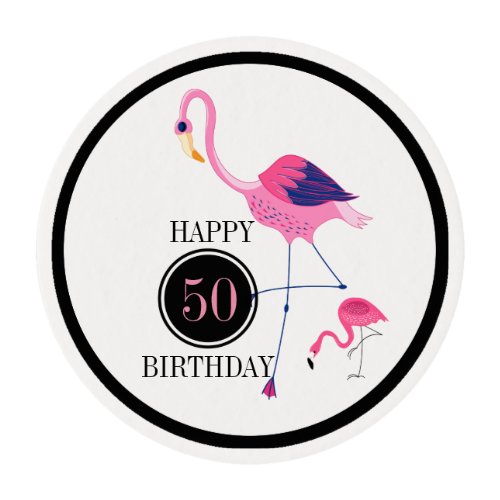 Pink Flamingo Happy 50th Birthday Edible Frosting Rounds