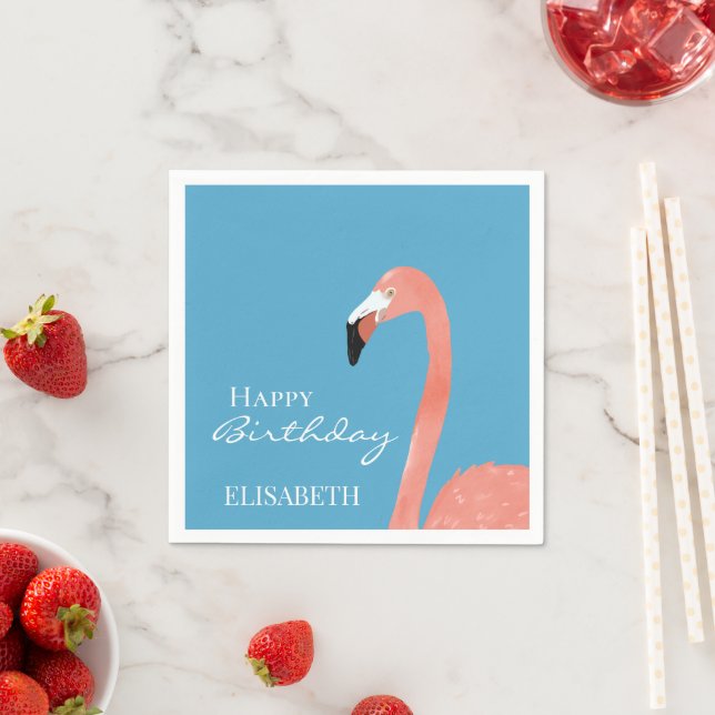 Pink Flamingo Happy Birthday Personalized Name Napkins (Insitu)