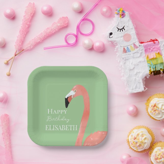 Pink Flamingo Happy Birthday Personalized Name Paper Plates (Party)