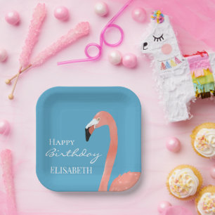 Pink Flamingo Happy Birthday Personalized Name Paper Plates