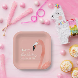 Pink Flamingo Happy Birthday Personalized Name Paper Plates
