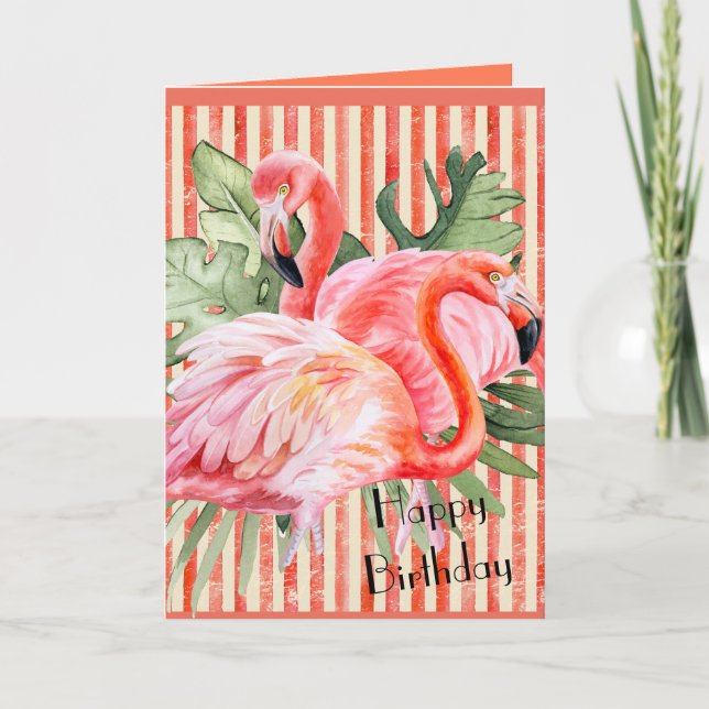 Pink Flamingo Happy Birthday Personalized Note Card (Front)