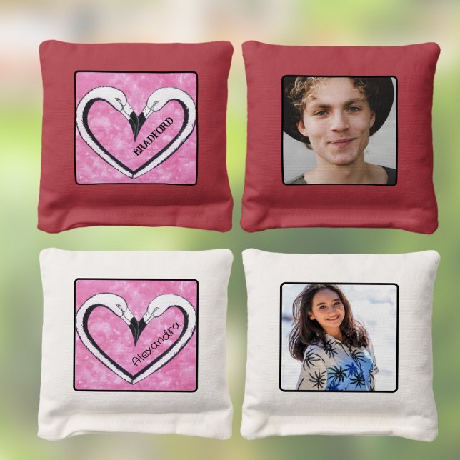 Pink Flamingo Heart Couple's Names  Photo Template Cornhole Bags (Creator Uploaded)