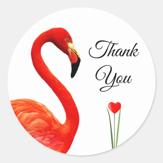 Pink Flamingo & Heart Thank You Classic Round Sticker (Front)