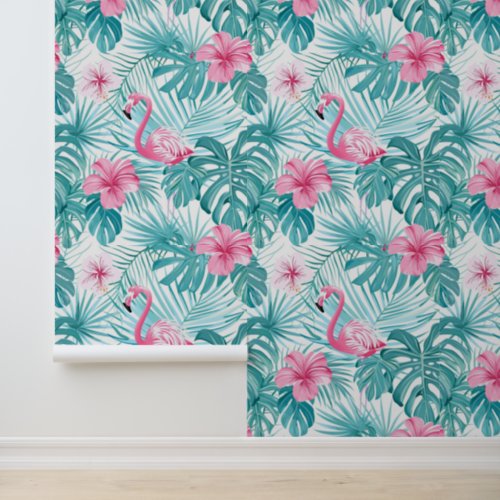 Pink Flamingo Hibiscus Floral Tropical Greenery Wallpaper