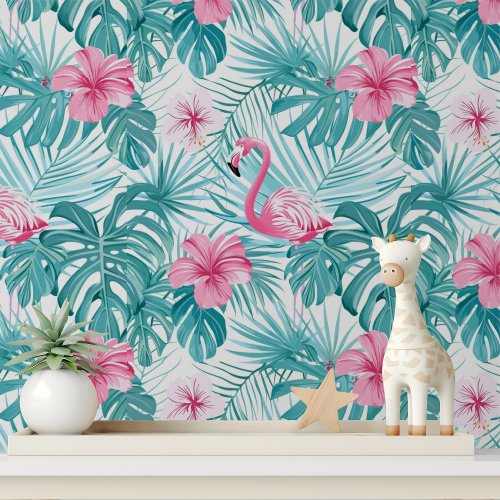 Pink Flamingo Hibiscus Floral Tropical Greenery Wallpaper