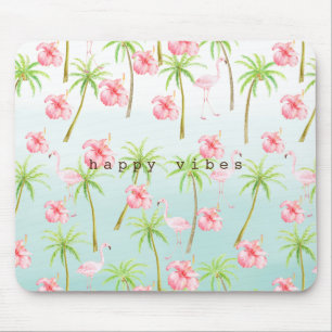 Pink Flamingo Hibiscus Flowers Tropical Palm Trees Mouse Pad