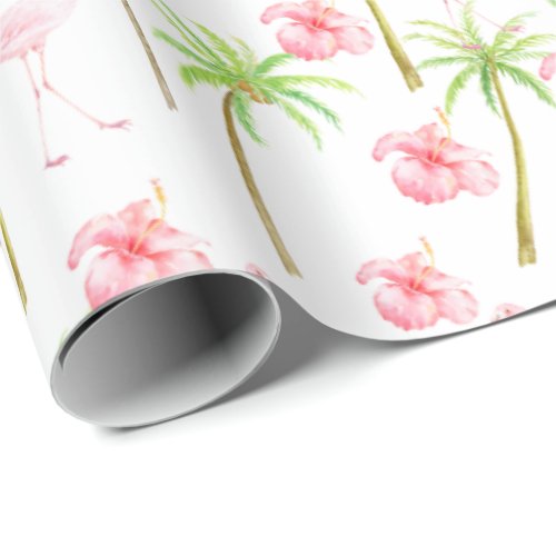 Pink Flamingo Hibiscus Flowers Tropical Palm Trees Wrapping Paper