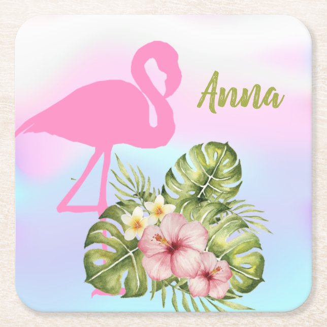 Pink Flamingo Hibiscus Holographic Square Paper Coaster (Front)
