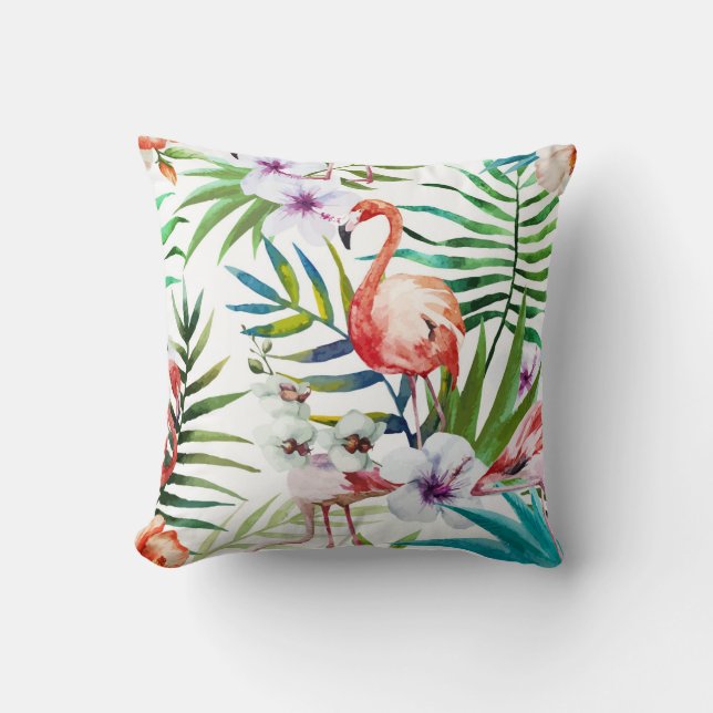 Pink Flamingo Hibiscus & Orchids tropical Throw Pillow (Front)