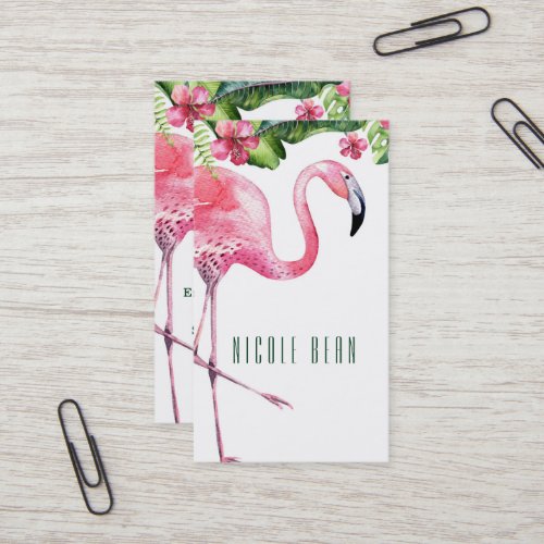 Pink Flamingo  Hibiscus Tropical Floral Leaves Business Card