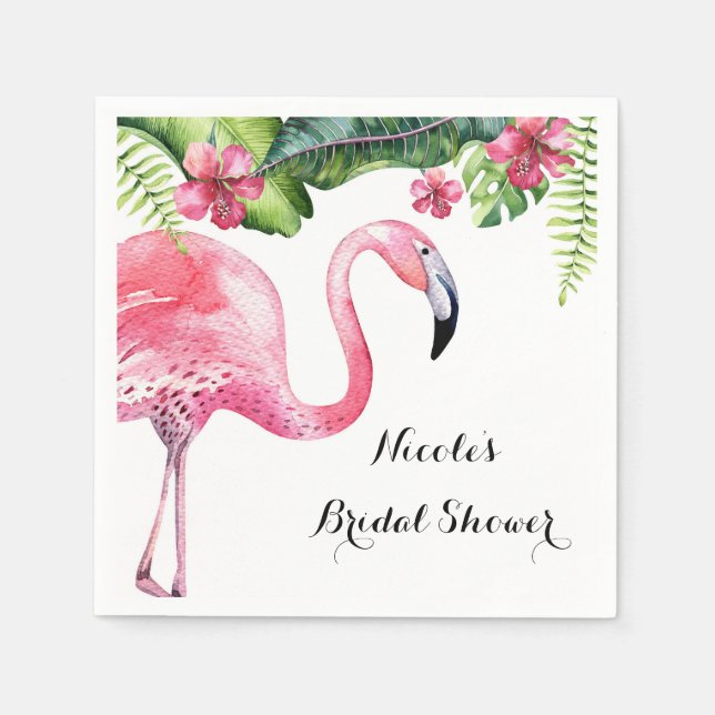 Pink Flamingo & Hibiscus Tropical Summer Party Paper Napkins (Front)