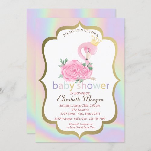Pink FlamingoHolographic Baby Shower Invitation
