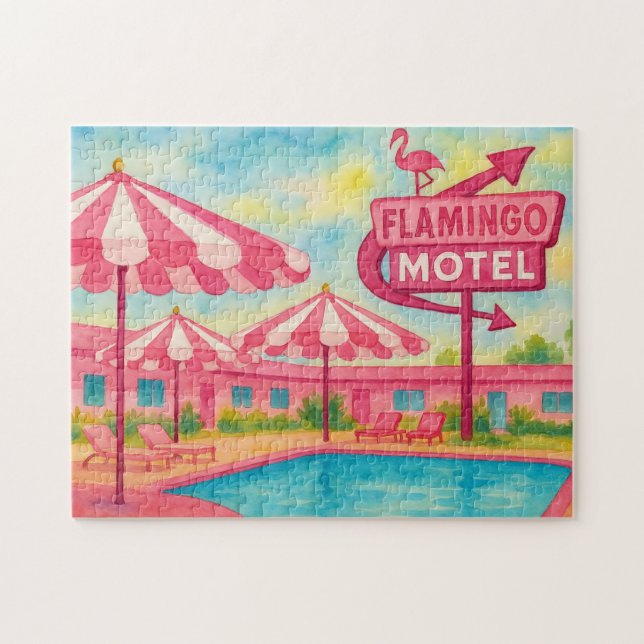 Pink Flamingo Hotel Pool Beach Summer Vibes Jigsaw Puzzle (Horizontal)