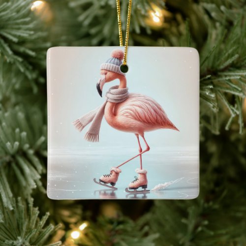 Pink Flamingo Ice Skating Ceramic Ornament