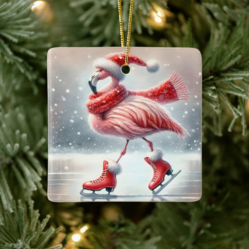 Pink Flamingo Ice Skating Ceramic Ornament