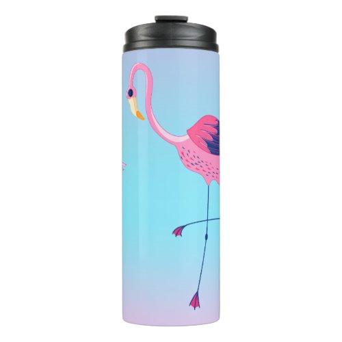 Pink Flamingo Illustration Blue  Pink Gradient Thermal Tumbler