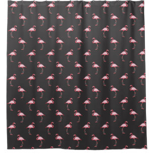 Pink Flamingo Illustration Tropical Pattern Black Shower Curtain