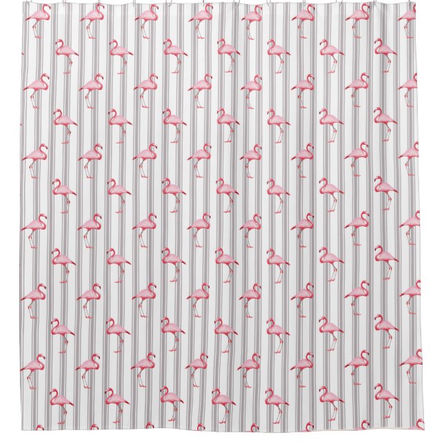 Pink Flamingo Illustration Tropical Pattern Stripe Shower Curtain (Front)
