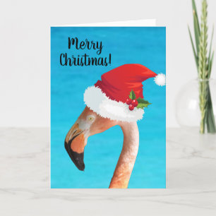 Pink flamingo in a red Santa hat Christmas Card