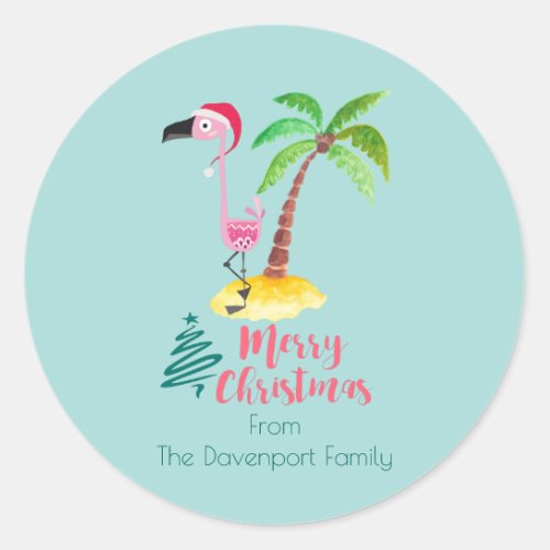 Pink Flamingo In A Santa Hat By A Palm Tree Classic Round Sticker
