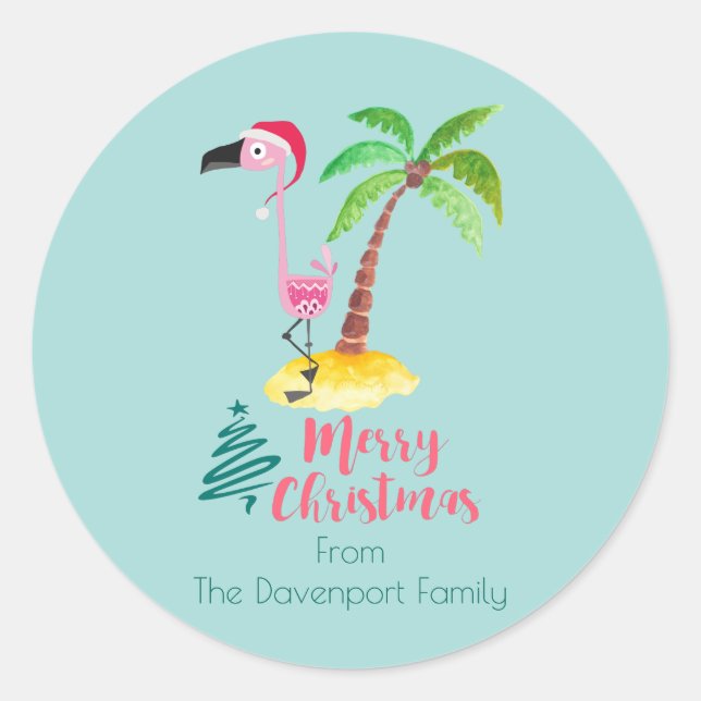 Pink Flamingo In A Santa Hat By A Palm Tree Classic Round Sticker (Front)