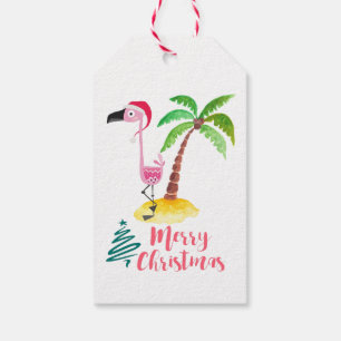 Pink Flamingo In A Santa Hat By A Palm Tree Gift Tags