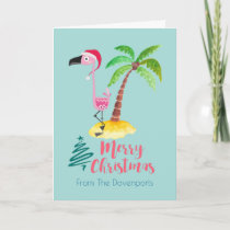 Pink Flamingo In A Santa Hat By A Palm Tree Holiday Card