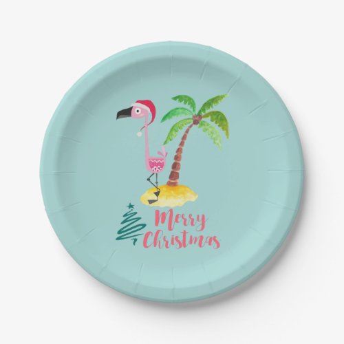 Pink Flamingo In A Santa Hat By A Palm Tree Paper Plates