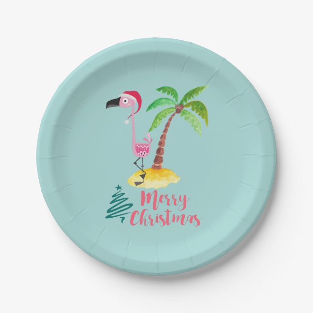 Pink Flamingo In A Santa Hat By A Palm Tree Paper Plates (Front)