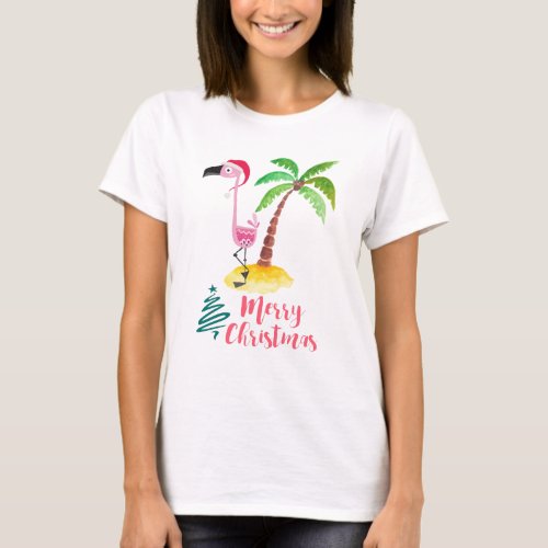Pink Flamingo In A Santa Hat By A Palm Tree T_Shirt