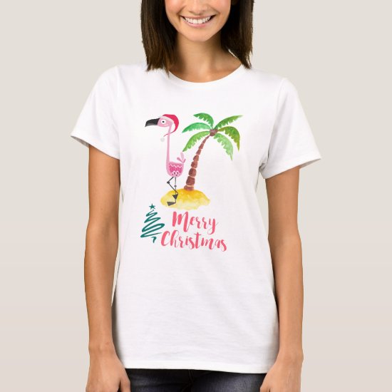 Pink Flamingo In A Santa Hat By A Palm Tree T-Shirt