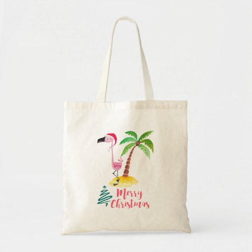 Pink Flamingo In A Santa Hat By A Palm Tree Tote Bag