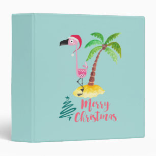 Pink Flamingo In A Santa Hat By A Palm Tree Xmas Binder