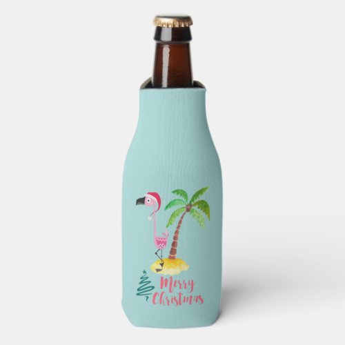 Pink Flamingo In A Santa Hat By A Palm Tree Xmas Bottle Cooler
