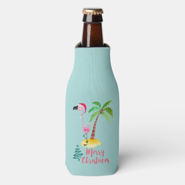 Pink Flamingo In A Santa Hat By A Palm Tree Xmas Bottle Cooler (Bottle Front)