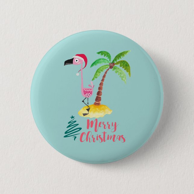 Pink Flamingo In A Santa Hat By A Palm Tree Xmas Button (Front)