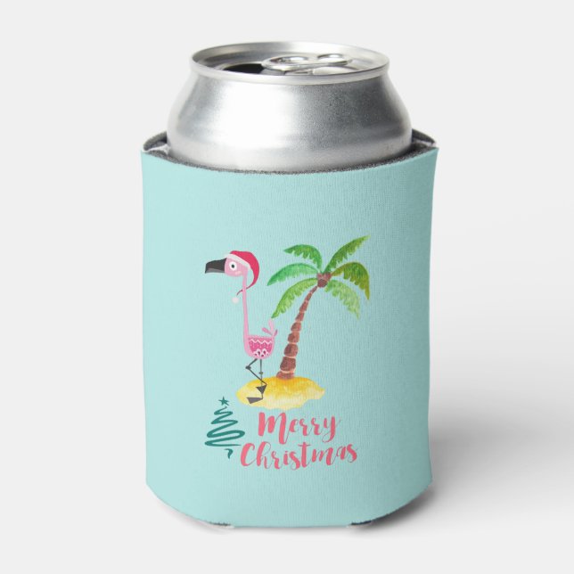 Pink Flamingo In A Santa Hat By A Palm Tree Xmas Can Cooler (Can Front)